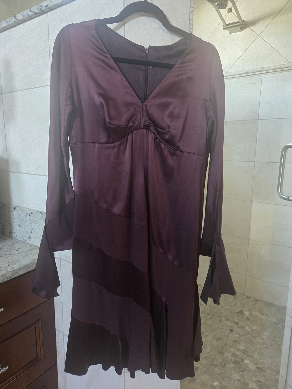 Valentino Long Sleeve Satin Dress in Deep Plum